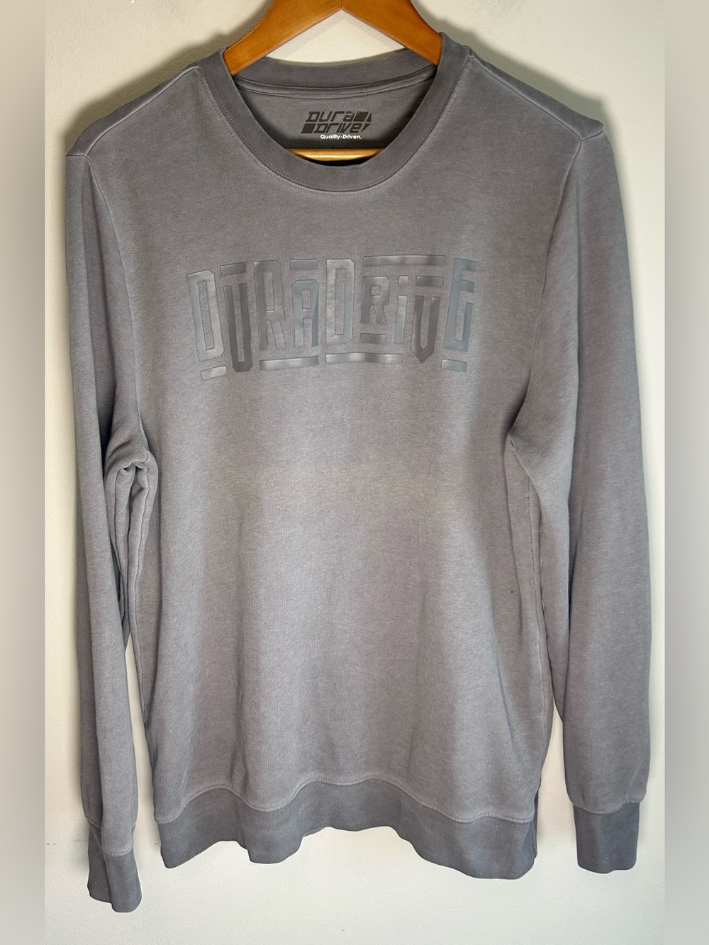 Duradrive Men’s Pullover Sweater Crew Neck Sz L Workwear Stretch Gray Distressed